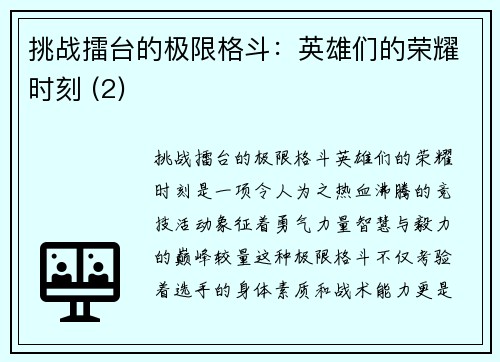 挑战擂台的极限格斗：英雄们的荣耀时刻 (2)